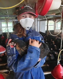 Tochter Anna mit Henne im Aufzuchtstall · Geflügelhof Reinkemeier
